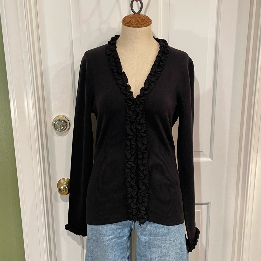 NILS Black Ruffled V Neck Cardigan